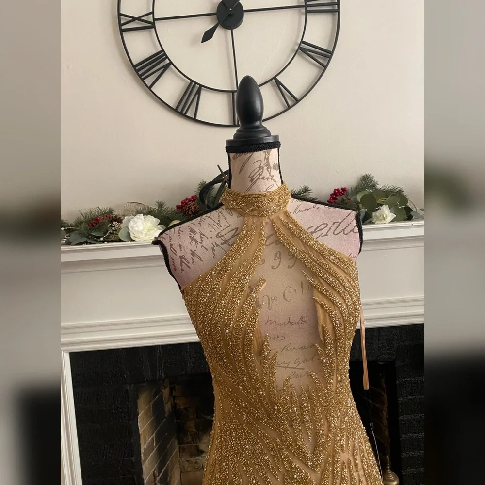 Heavily beaded gold prom dress, formal dress or pageant evening gown - Picture 6 of 7
